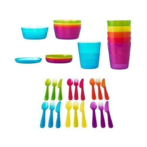 IKEA 36 Pcs Kalas Kids Plastic BPA Free Flatware, Bowl, Plate, Tumbler Set, Colorful, Free Bag