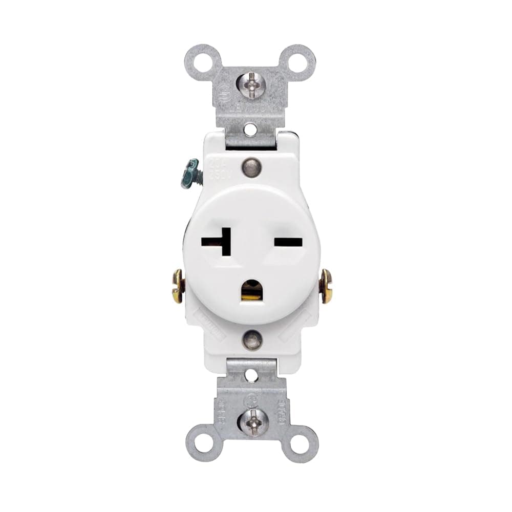 Single Receptacle Outlet Commercial Specification Grade Smooth Face 20 Amp 250 Volt, Side Wire NEMA 6-20R 2-Pole 3-Wire, White, 5821-W