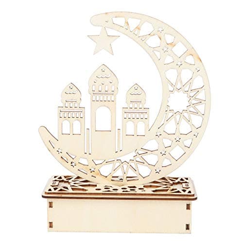 Mobestech1PC Ramadan Mubarak Eid Decorations Wooden Moon Star Lights Table Top Ornaments for Home Party Supplies, Random Style