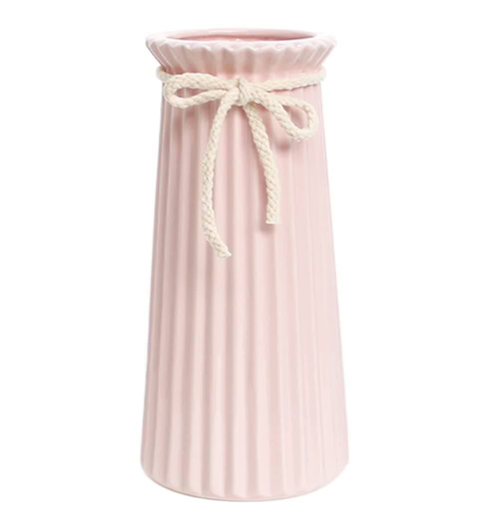 Pink Ceramic Ribbed Vases for Minimalist Modern Home Decor, Decorative Flowers Vase for Wedding Dinner Table Office Bedroom - 8 Inch / 20 CM