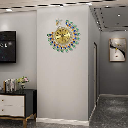 FLEBLE Gold Wall Clock Digital Silent Non Ticking Metal Clocks Crystal Peacock Vintage Art Decoration Wall Clock for Living Room,Bedroom,Kitchen Space 14.96 inch