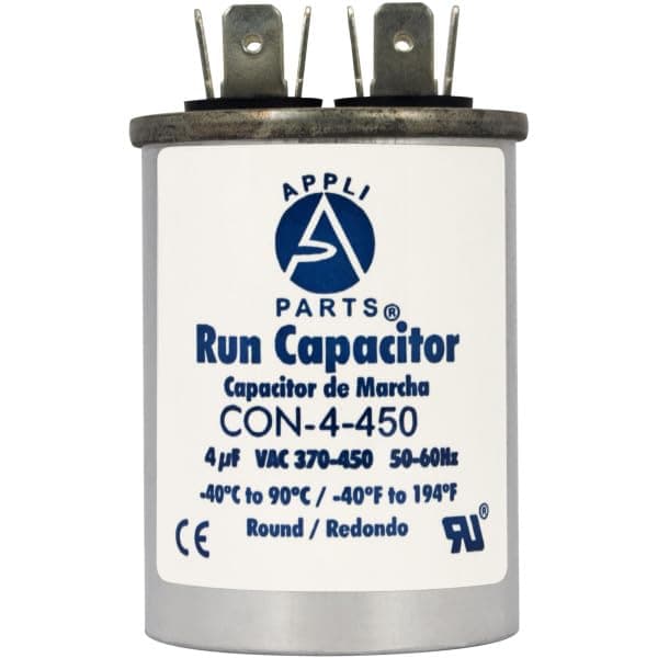 Appli Parts Capacitor Run Capacitor 4 Mfd uF (microfarads) 370VAC or 450VAC CBB65 Universal Air Conditioning and Other Applications Round UL E476928 2.5" High 1.5" Width CON-4-450