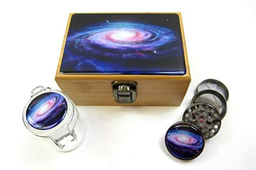 Galaxy Bamboo Stash Box Mini Set - Includes Metal Grinder, Glass Storage Jar, label…