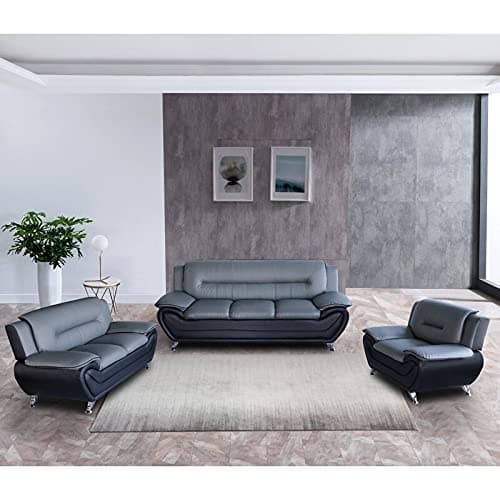 Fabrique Visionary 3+2+1 Leatherette 6 Seater Sectional Sofa Set | Comfortable Furniture for Home Office & Living Room | 4 Year Warranty | Easy to Move with Stainless Steel Legs | Grey & Black