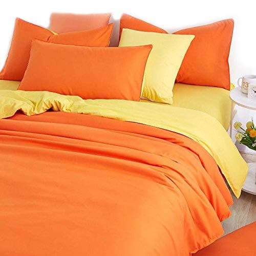 InfiniteS 4 Pieces Duvet Cover Set 100% Cotton Solid Color Soft and Breathable Cotton Bedding Set 4pcs Quilt Set Queen Size (1 Duvet Cover + 1 Fitted Sheet + 2 Pieces Pillow Shams) (Orange and Yellow)
