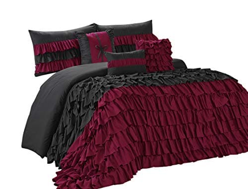 BEDnLINENS 7 Piece Comforter Set -Gray and Ivory Microfiber Full Ruffled-BRISE Bed in A Bag Cal.King Size-Soft, Hypoallergenic,Fade Resistant-1 Comforter,2 Shams,3 Decorative Pillows,1 Bedskirt