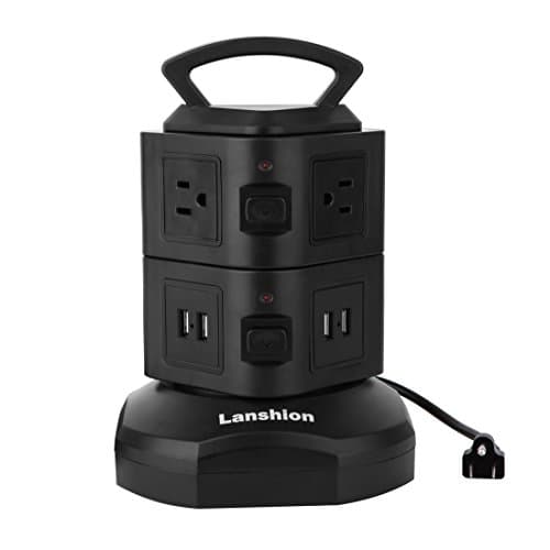 Power Strip Lanshion Tower Surge Protector Power Socket Electric Charging Station 6 Outlet Plugs with 4 USB Slot 9.8ft Retractable Cable Cord Wire Extension Universal Charging Station Office