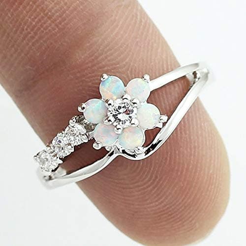 moahhally Exquisite Round Cut White Fire Opal Stone Silver Plated Flower Women Opal Rings Diamond Jewelry Birthday Proposal Gift Bridal Engagement Party Band Rings Size 6-10