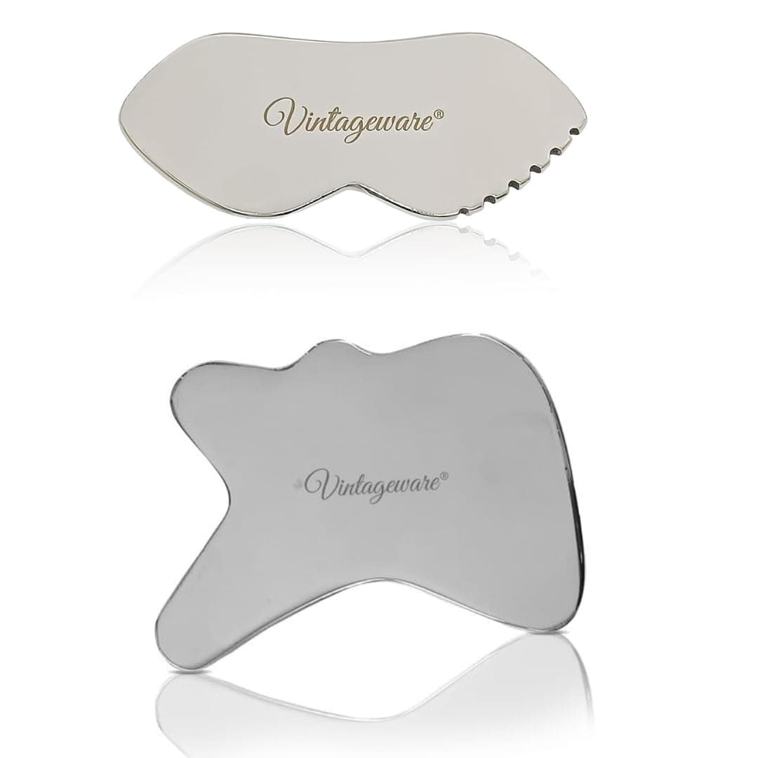 Vintageware® Stainless Steel Gua Sha Combo Set | Lip-Shape & R-Shape Tools for Face, Neck & Body | Muscle Relief & Skincare Benefits | Medical Grade 304 Stainless Steel