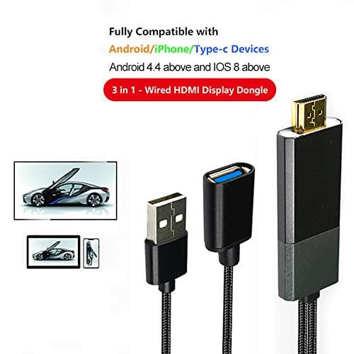 Compatible with iOS iPhone iPad/Android Phones Tablet MHL to HDMI Cable (1m), USB Capture Video to HDMI Screen Mirroring Display Dongle for Phones to TV/Projector/Monitor 1080P HD,Plug and Play
