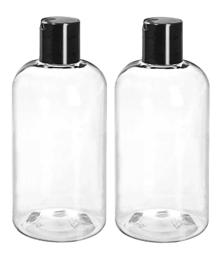 ljdeals 8 oz Clear Plastic Empty Bottles with Black Disc Top Caps, Squeezable Refillable Containers for Shampoo, Lotions, Cream and More, Pack of 2, BPA Free, Made in USA