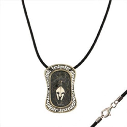 Sterling Silver Ancient Greek Warrior Shield and Helmet Pendant w/ Rubber Cord (36mm)