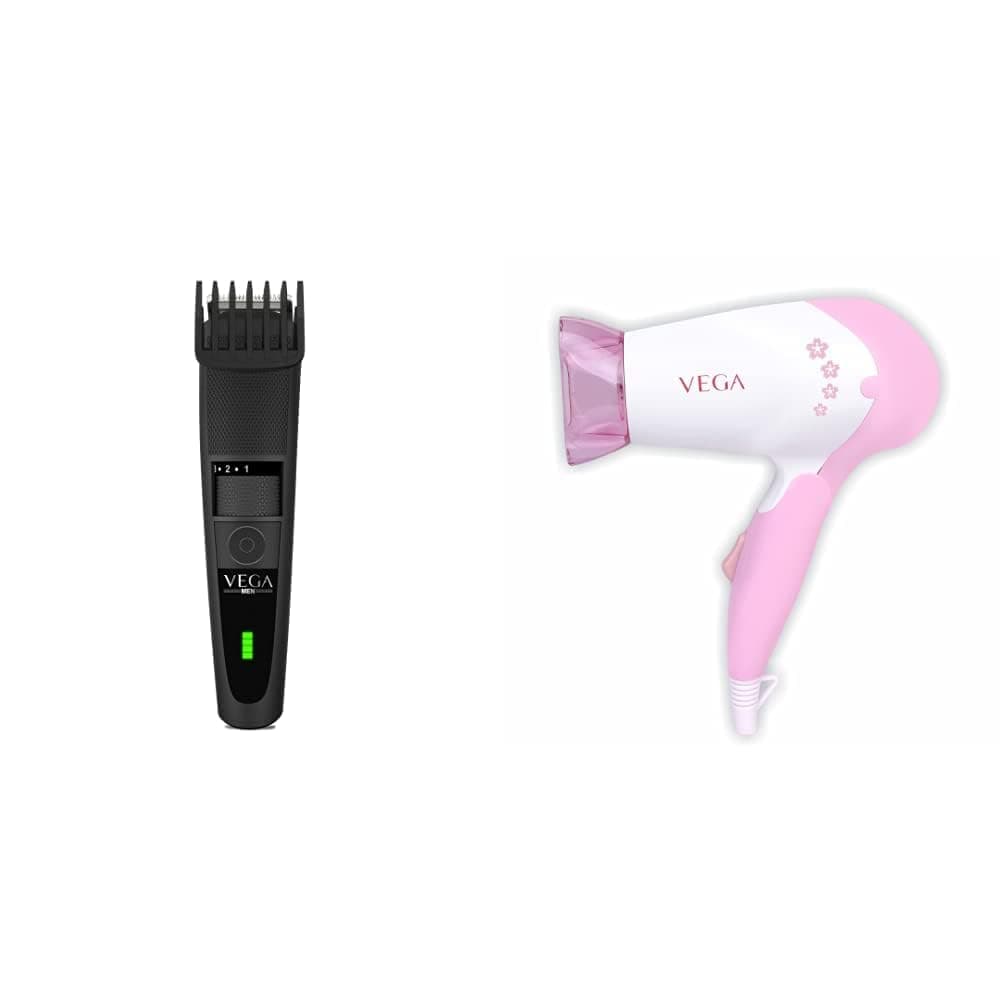 VEGA T-3 Trimmer For Men,Usb Charging,Quick Charge,90 Minutes Run Time,Cordless,Travel Lock-20 Length Settings Starting 0.4Mm + Vega Insta Glam 1000 Hair Dryer,Corded Electric(Vhdh-20),White