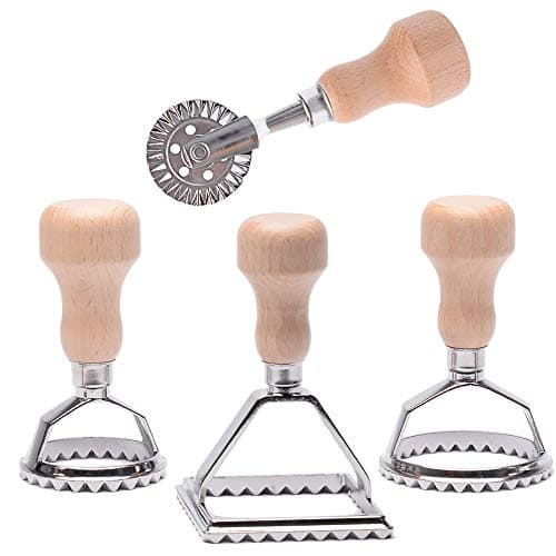MASTER FENG Ravioli Stamp Set, Ravioli Maker Cutter Stamp, Mold with Wooden Handle and Fluted Edge (4 Set with Cutter)