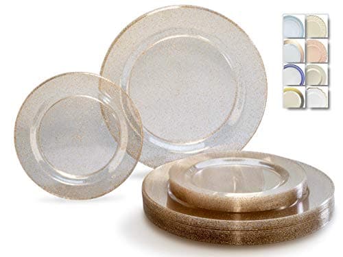 " OCCASIONS" 240 Plates Pack,(120 Guests) Wedding Party Disposable Plastic Plates Set -120 x 10.5'' Dinner + 120 x 7.5'' Salad/Dessert (Seasons Clear with Gold Glitter)