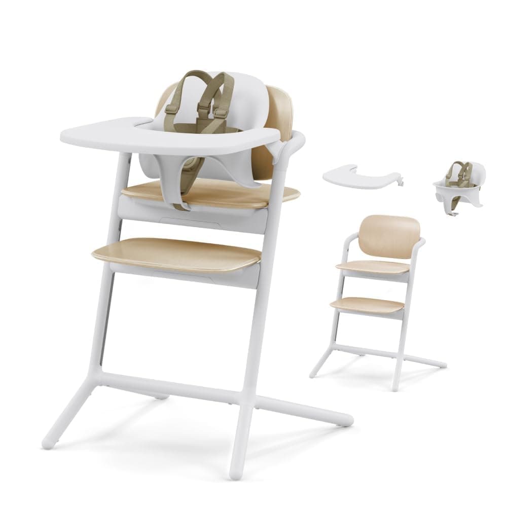 LEMO High Chair 3-in-1 Set with Baby Set + Snack Tray - Modern Design, One-Hand Depth & Height Adjustment & Anti-Tip Wheels - from 6 Months, Convertible to Adult Chair, Sand White