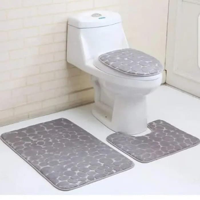 BLAPOXE 3 Pcs Bathroom Bath Mat Set Soft Non Slip Cobblestone Mat Bathroom Rug Absorbent Shower Carpets Toilet Lid Cover(Grey)