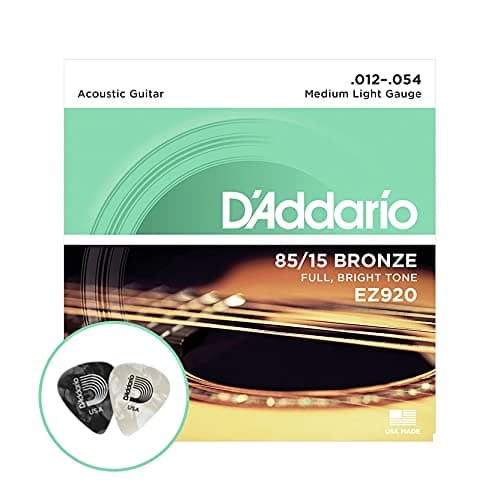 for D'Addario Bronze EZ920 012-.054 Medium Light Gauge 85/15 Full, Bright Tone Acoustic Guitar Strings set with FREE Two Planet Waves Guitar Plectrum