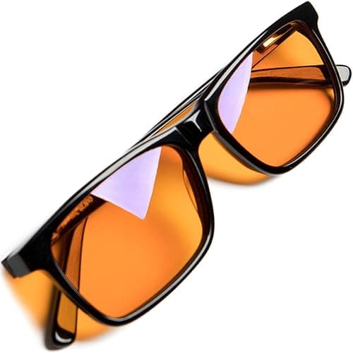 the HEALTH LISTS THL Blue Light Blocking Reading Glasses for Better Sleep - Amber Orange Computer Filter Anti Eye Strain Lenses (Black) Wide Fit