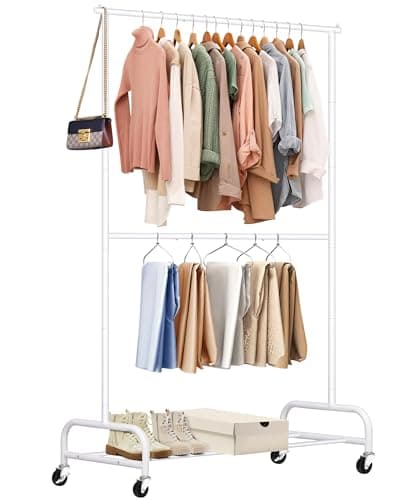 SLEEPING LAMB Double Rod Heavy Duty Clothes Racks for Hanging Clothes, Metal Rolling Garment Rack With Wheels Clothes Hanger Rack Wardrobe Racking for Coats, Shirts (White)