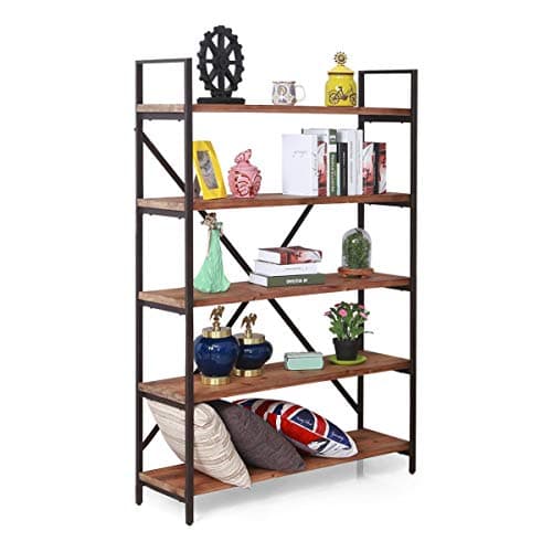 Vintage 5 Tier Open Back Storage Bookshelf, Industrial 69.5 inches H Bookcase, Decor Display Shelf, Living Room, Home Office, Real Natural Reclaimed Wood, Sturdy Rustic Brown Metal Frame