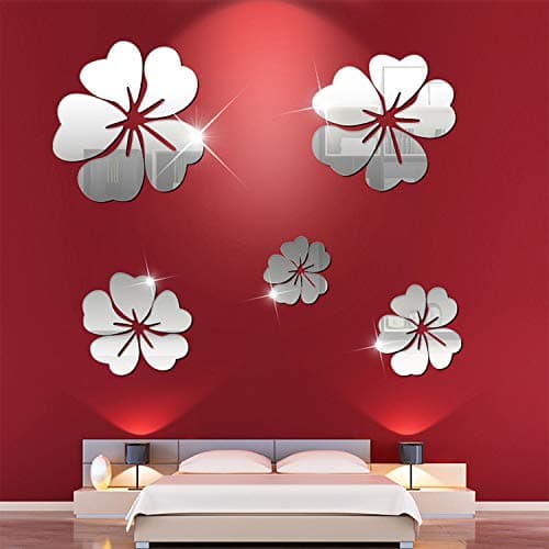 5pcs Silver Flower Acrylic Wall Stickers, 3D Mirror Modern DIY Wall Stickers for Living Room Bedroom TV Wall Decals Marriage Room Decorated Dining Room Home Decoration Removable