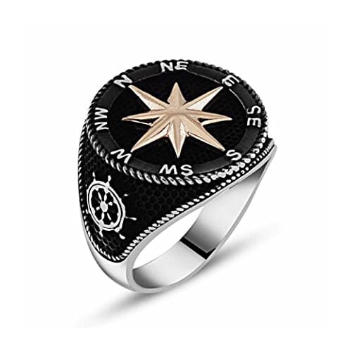 chimoda Mens Rings Sailor Compass Design 925 Solid Sterling Silver Ring for Men Turkish Jewelry