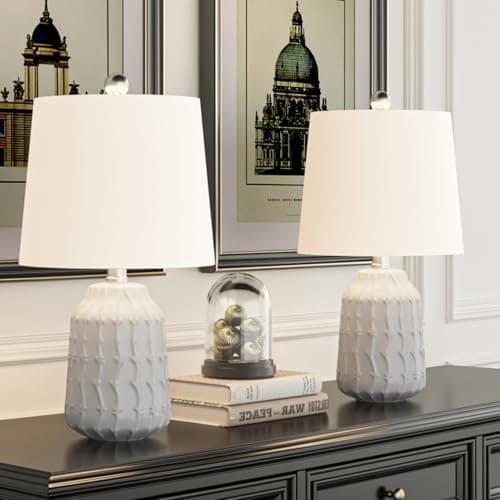 Ceramic Table Lamps Set of 2, 19" Small White Bedside Lamp Nightstand Light with White Fabric Shade for Bedroom, Living Room,