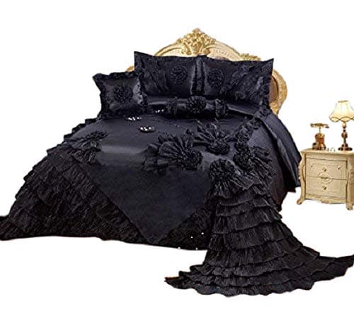 OctoRose Royalty Oversized Black Wedding Bedding Bedspread | Cute Bed Set for Queen Size (102x110) | 5-Piece Set with 2 Pillow Sham, 1 Square Pillow, and 1 Neck Roll