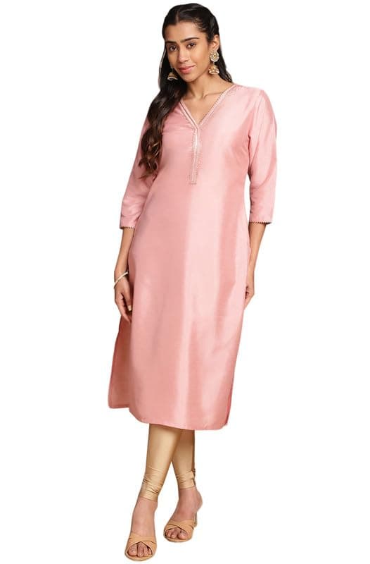 JanasyaWomens Silk Blend Straight Fit Solid Kurta