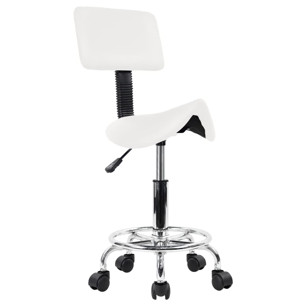 KKTONER Saddle Stool with Foot Rest PU Leather Swivel Adjustable Rolling Stools with Back Support Facial Salon Kitchen Chair (White)