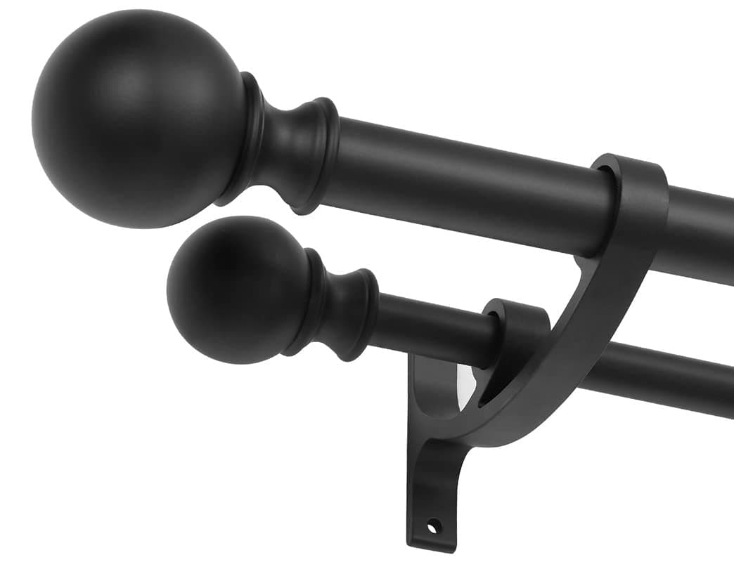 Double Curtain Rods 48 to 84 Inch, Matte Black Double Curtain Rods, Decorative Double Curtain Rods for Window with Round Finials, 1-Inch Front and 5/8 Inch Back Double Window Curtain Rod