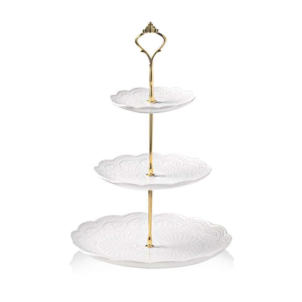 Sweejar 3 Tier Ceramic Cake Stand Wedding, Dessert Cupcake Stand for Tea Party Serving Platter(Rose White)