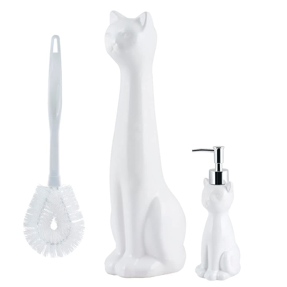 Cat 3-Piece White Ceramic Toilet Brush Holder w/White Plastic Handled Scrub Brush & Soap Dispenser