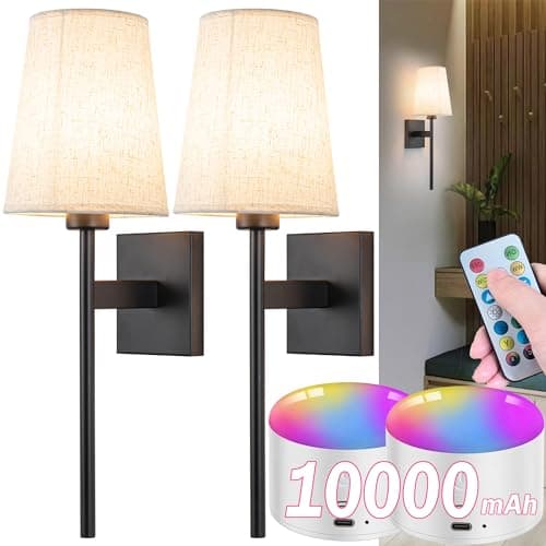 Battery Operated Wall Sconce Set Of Two, Wireless Wall Sconce Lighting with Remote Control, Indoor Dimmable Battery Operated Wall Lamp Light Fixture with 3 Color Temp Bulb For Bedroom Living Room ( Co