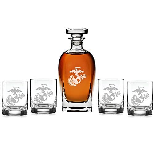 Abby Smith - US Marines Classic Engraved Decanter with Rocks Glasses, Set of 5