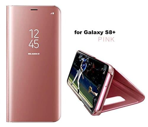 For Samsung S8+, Holder Phone Case Electroplate Clear Smart Kickstand Mirror View Flip Cover Sleep Wake (Pink)