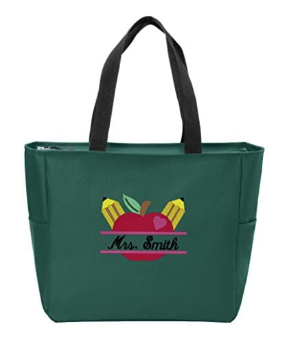 Personalized Canvas Tote Bag with Customizable Teacher's Apple Monogram Shoulder Bag for School Work, Travel and Shopping (Green Glen)