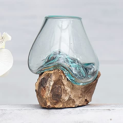 BLACK FOREST DECOR Organic Blown Glass & Root Bowl – Small Hand-Blown Glass on Natural Wood Root, One-of-a-Kind Accent, Approx. 5" W x 4" D x 5" H