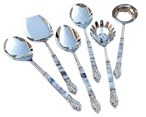 Designer Brass Seep Handle Design Serving Spoon Set Of 6 Piece With Mother Of Pearl In Black Gift Box || Serving Spoon For Dinning, 30 Cm