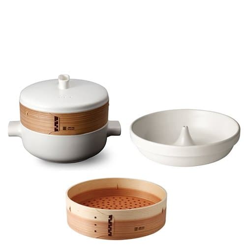 JIA Steamer Set Deluxe Large Set (Ceramic Steamer Pot and Lid + Poacher + Two Cedar Wood Baskets)
