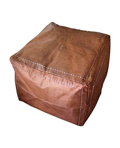 Square Cognac High Distressed Leather Ottoman No Stuffing – 20x20x20 Inch Authentic Handmade Moroccan Pouf – Delivered Flat Unstuffed – 100% Morocco Tan Goatskin True Worn, Holes, Scratched Leather