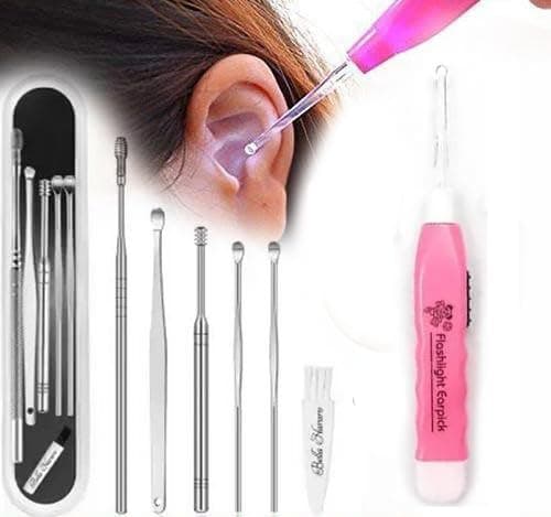 Ear Wax Cleaner 6Pcs + LED Ear Cleaner, Ear Cleaning Tool, Ear Wax Remover Tool Kit, Ear Buds, Ear Cleaner Tool, Ear Wax Removal