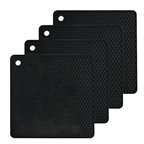 Lucky Plus Silicone Pot Mat for Countertop Trivet Pads Heat Resistant Table Placemats 4 Pack,Size:7.5x7.5 Inch, Color: Black, Shape:Square