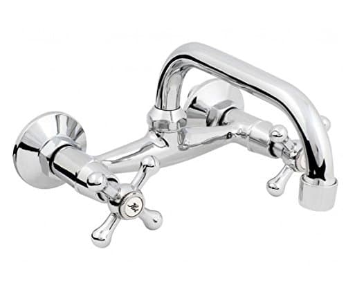 Chromed Brass Wall Mounted Mixer Faucet 20cm C-type Spout Tap with Retro Heads