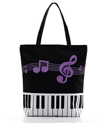 Black Canvas Bag Piano Keyboad Purple Music Note Tote Bag Shoulder Purse