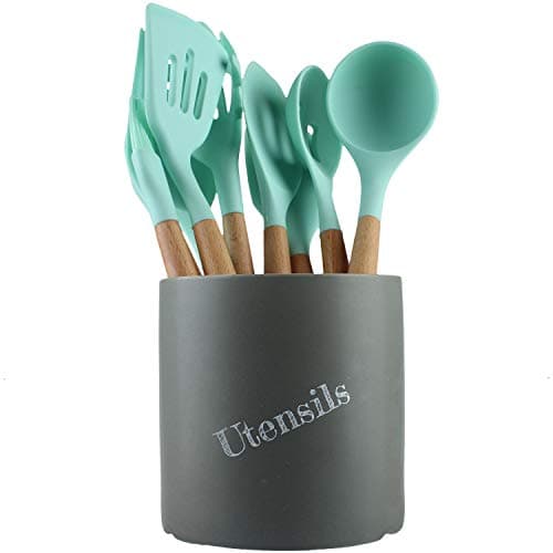 Large Ceramic Kitchen Utensils Holder Jumbo Cooking Utensil Crock Kitchen Tools Organizer Caddy (Light grey)