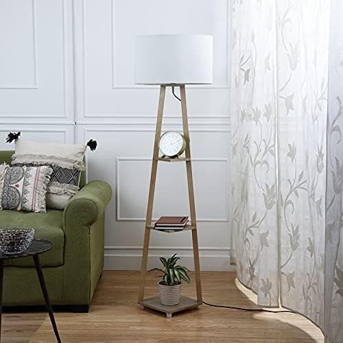 Art Home Decor Floor Lamp in Solid Wood & Natural Wood with Shelf Blue Shade for Living Room,Bedrooms, Colour (White)