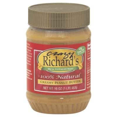 Crazy Richard's 100% All Natural Peanut Butter, Creamy - Net Wt 16 ounces (1 pound) (453 grams) - 1 Jar (BPA-Free Plastic Jar)