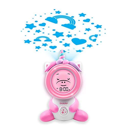 Sharp Ready to Wake Unicorn Sleep Trainer, Kid’s Alarm Clock for Ready to Rise, Ceiling Projection Nightlight and “Off-to-Bed” Feature – Simple to Set and Use! Pink, White